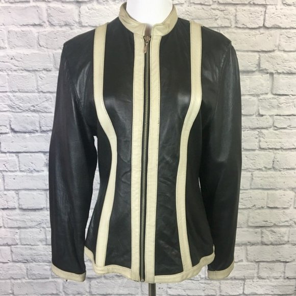 💥SOLD💥Black/Cream Vintage Leather Jacket - Picture 2 of 4